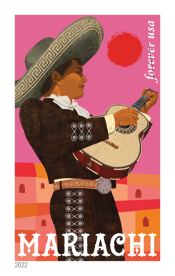 Guitarist and Sun - Pink Background United States Postage Stamp | Mariachi