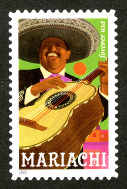 Bass Guitarist and Sun - Green Background United States Postage Stamp | Mariachi