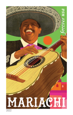 Bass Guitarist and Sun - Green Background United States Postage Stamp | Mariachi