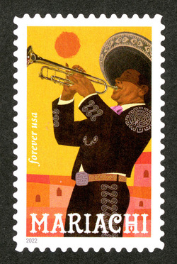 Trumpet Player and Sun - Yellow Background United States Postage Stamp | Mariachi