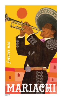 Trumpet Player and Sun - Yellow Background United States Postage Stamp | Mariachi