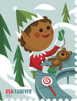 Elf Stitching Teddy Bear United States Postage Stamp | Holiday Elves