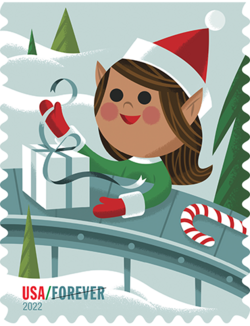 Elf Wrapping Present United States Postage Stamp | Holiday Elves