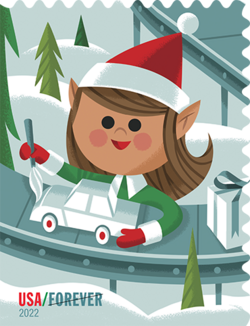 Elf Painting Toy Car United States Postage Stamp | Holiday Elves