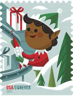 Elf Holding Toy Rocket United States Postage Stamp | Holiday Elves