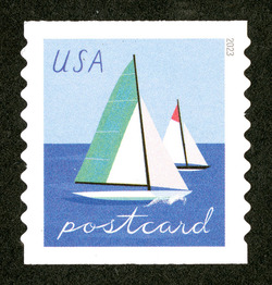 Green and Red Sailboats - Postcard Rate - Horizontal Imperforate United States Postage Stamp