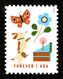Butterfly - Flower - Dog - Slice of Birthday Cake United States Postage Stamp | Thinking of You - 2023