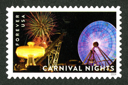 Gondola Wheel - Wave Swinger Ride - Fireworks United States Postage Stamp | Carnival Nights