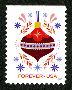 Red Ornament - Blue Flowers United States Postage Stamp | Holiday Joy - 2024