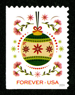 Green Ornament - Pink Flowers United States Postage Stamp | Holiday Joy - 2024