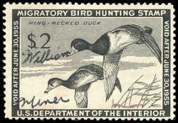 Ring-Necked Ducks - Black - Void After June 30, 1955 United States Postage Stamp | Migratory Bird Hunting - Duck Stamp - Department of Agriculture