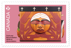 Front Panel of Bentwood Box - Pink Background Canada Postage Stamp | Truth and Reconciliation - 2025 - Bentwood Box