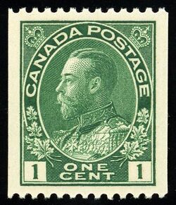 King George V - Dark Green - Vertical Imperforate - Perf 12 - Wet Printing Canada Postage Stamp