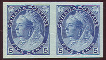 Queen Victoria - Blue - Imperforate Pair Canada Postage Stamp