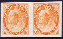 Queen Victoria - Orange - Imperforate Pair Canada Postage Stamp