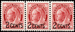 Queen Victoria - Maple Leaf - Carmine - Narrow Spacing - Strip of 3 Canada Postage Stamp