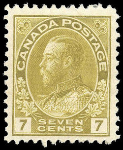 King George V - Yellow Ochre - Wet Printing - Major Re-entry Canada Postage Stamp