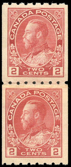 King George V - Carmine - Vertical Imperforate - Perf 8 - Paste-up Pair Canada Postage Stamp