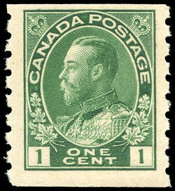King George V - Yellow Green - Horizontal Imperforate Canada Postage Stamp