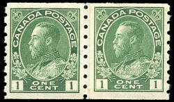 King George V - Yellow Green - Horizontal Imperforate - Paste-up Pair Canada Postage Stamp