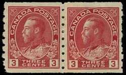 King George V - Carmine - Horizontal Imperforate - Dry Printing - Die II - Paste-up Pair Canada Postage Stamp