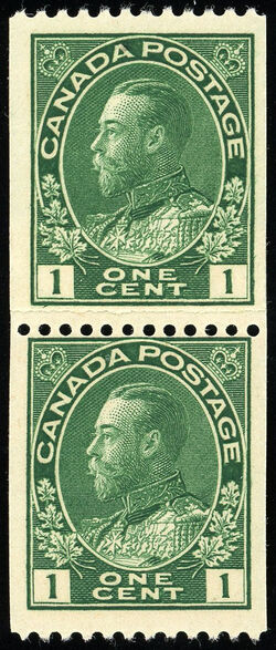 King George V - Dark Green - Vertical Imperforate - Perf 12 - Wet Printing - Paste-up Pair Canada Postage Stamp