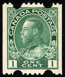 King George V - Dark Green - Vertical Imperforate - Perf 12 With 2 Large Holes - Experimental Toronto Coil Stamp Canada Postage Stamp