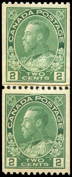 King George V - Yellow Green - Vertical Imperforate - Perf 12 - Paste-up Pair Canada Postage Stamp