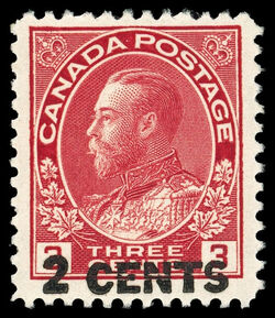 King George V - Carmine - Die I - Slanted Surcharge Canada Postage Stamp