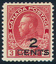 King George V - Carmine - 2 Above CENTS - Double Surcharge Canada Postage Stamp