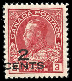 King George V - Carmine - 2 Above CENTS - Shifted Surcharge Canada Postage Stamp