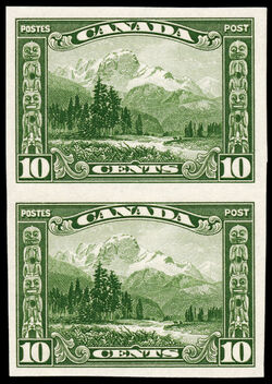 Mount Hurd And The Spesanish (Half-Bear Den) Totem Pole - Green - Imperforate Pair Canada Postage Stamp