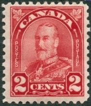 King George V - Deep Red - Die II - Extended Moustache Canada Postage Stamp