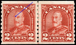 King George V - Deep Red - Line Pair With Cockeyed King Canada Postage Stamp