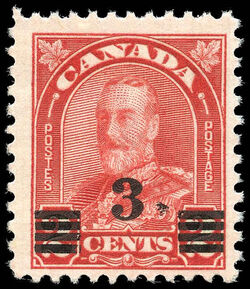 King George V - Deep Red - Die II - Period After 3 Canada Postage Stamp