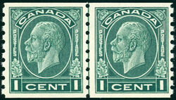 King George V - Dark Green - Horizontal Imperforate - Line Pair Canada Postage Stamp