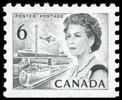 Queen Elizabeth II, Transport And Communications - Black - Booklet Single - Die II - OP4 - DF - PVA - Tagged Canada Postage Stamp | Centennial Issue