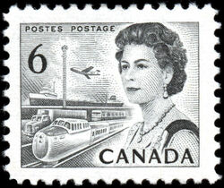 Queen Elizabeth II, Transport And Communications - Black - Die Ia - LF - Ribbed Horizontally Canada Postage Stamp | Centennial Issue