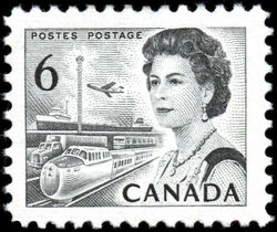 Queen Elizabeth II, Transport And Communications - Black - Die Ia - WCB - LF - Ribbed Horizontally Canada Postage Stamp | Centennial Issue