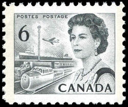 Queen Elizabeth II, Transport And Communications - Black - Die Ia - GT2 - 3mm - LF - Ribbed Horizontally Canada Postage Stamp | Centennial Issue