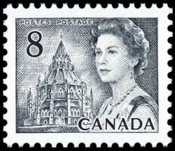 Queen Elizabeth II, Library Of Parliament - GT2 OP2 - HF - PVA - Ribbed Vertically Canada Postage Stamp | Centennial Issue