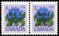 Bottle Gentian, Gentiana Andrewsii - Fuddle Duddle Pierre And P.E.T. 68-79 R.I.P Overprint - Pair Canada Postage Stamp | Wildflowers of Canada