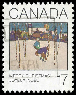 Sleigh Ride - Blue Spot On Rightmost Roof Canada Postage Stamp | Christmas