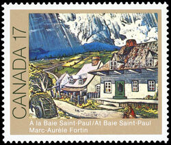 Marc-Aurele Fortin, At Baie Saint-Paul - Dull Canada Postage Stamp | Canadian Art