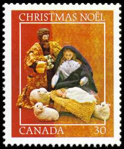 The Manger Scene - Orange Background Canada Postage Stamp | Christmas, Nativity Scenes