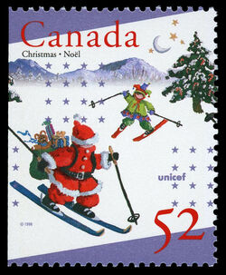 Santa Making A Downhill Delivery - Booklet Single Canada Postage Stamp | Christmas, UNICEF