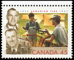 Canadian Tire, 1922-1997, Alfred J. Billes, John W. Billes - Thin Vertical White Line Through CANADA 45 - F Canada Postage Stamp