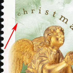Adoring Angel Kneeling By Thomas Baillarge - Green - Perf 13.1 X 13.6 - Diagonal Scratch Under C Canada Postage Stamp | Christmas, Angels
