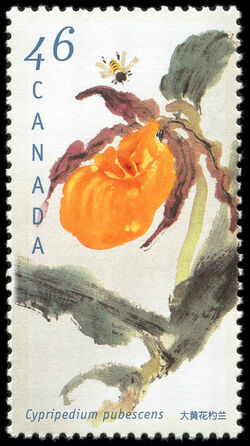 Great Yellow Lady's Slipper, Cypripedium Pubescens - Design Stops Short On All Four Sides Canada Postage Stamp | Orchids of Canada