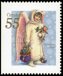 Angel Carrying A Teddy Bear And A Small Sack Of Toys - Booklet Single Canada Postage Stamp | Christmas, Victorian Angels